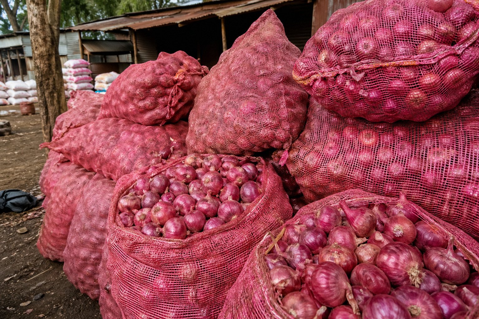 Red onions in bulk sacks