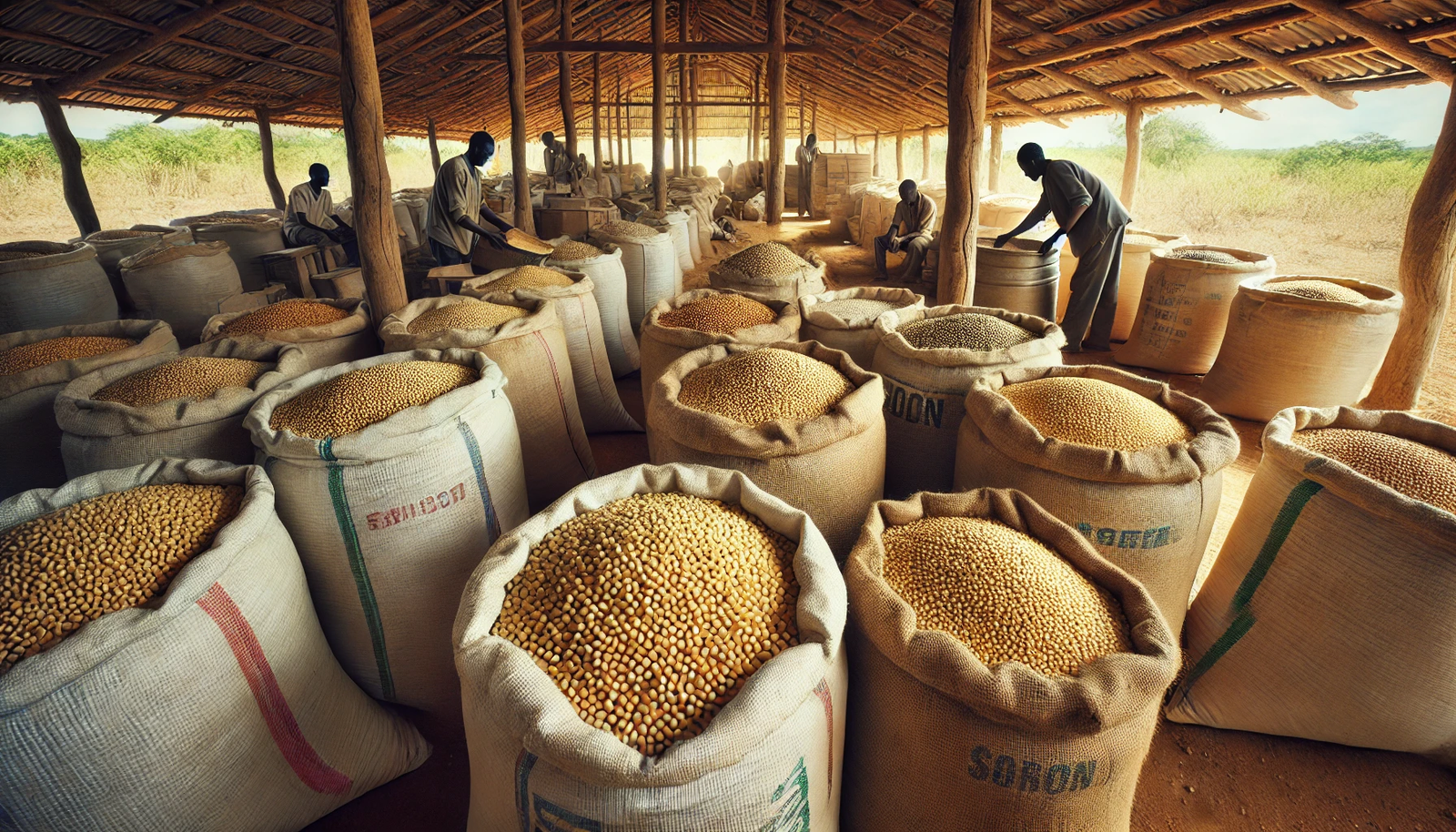 Soybeans in sacks at a rural aggregation point
